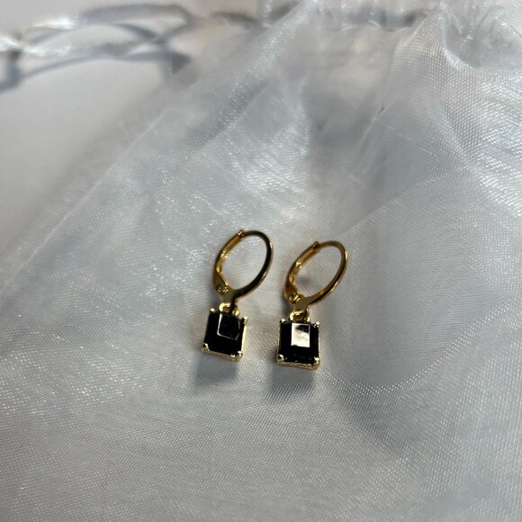 Gold Small Hoop Earrings with Black Diamond Rectangle Charm 🖤✨ - Picture 1 of 2
